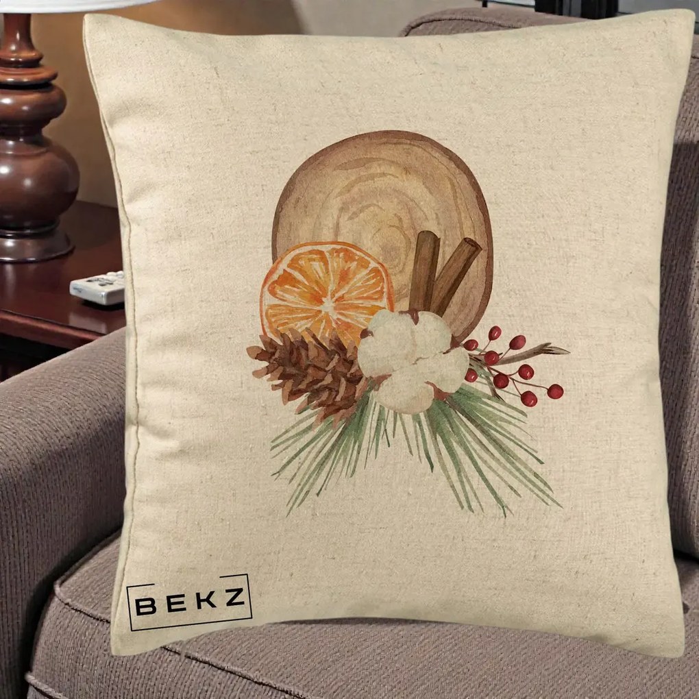 Perna Decorativa Aranjament de Craciun Nordic, 40x40 cm, Bej, Husa Detasabila, Perna Inclusa, BEKZ®