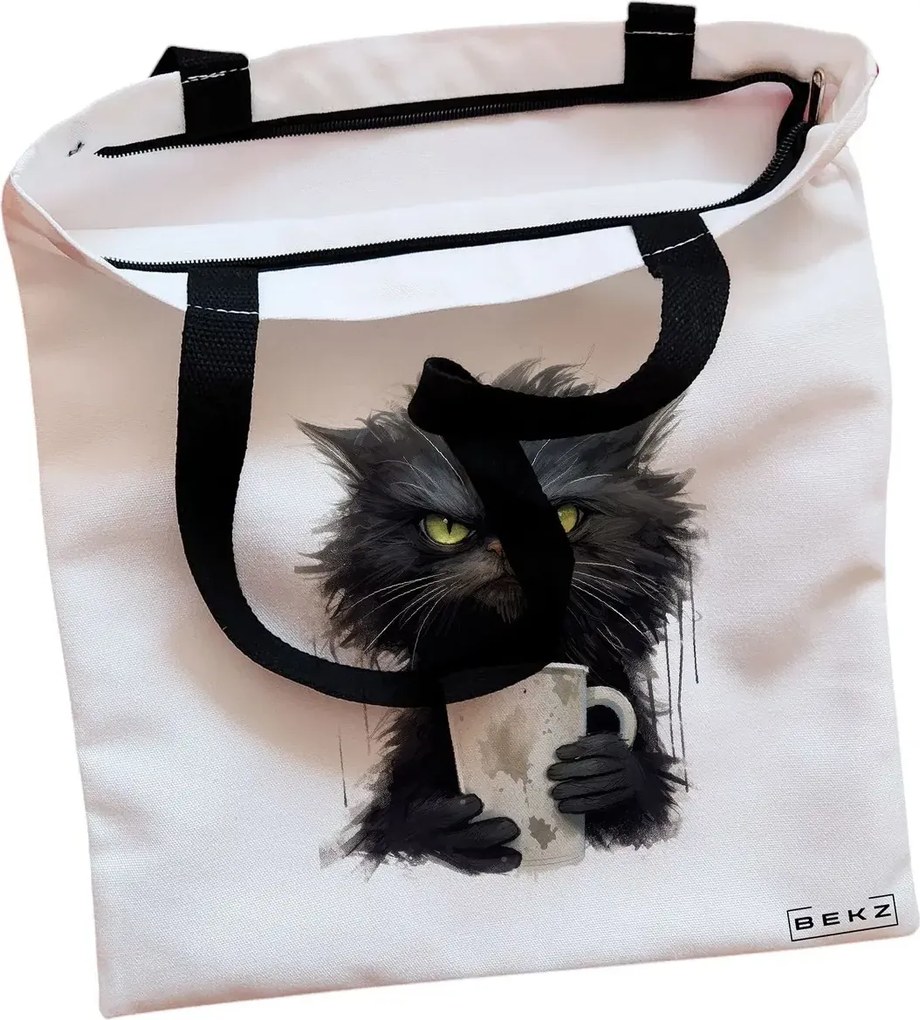Sacosa de Panza pentru Cumparaturi, Geanta Tote, model Coffee Addict, Cu fermoar, 38x34.5 cm, Alba, BEKZ®