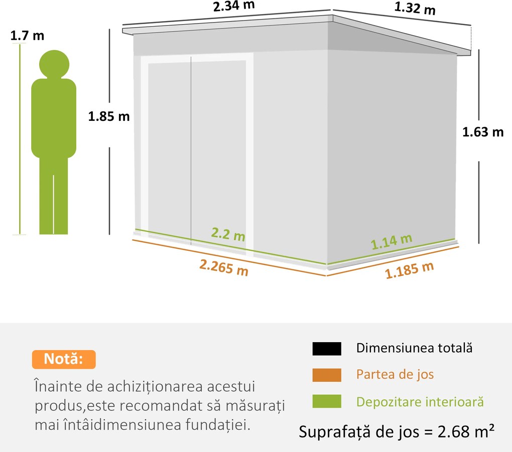 Outsunny Șopron de Grădină 2.68m² din Oțel Galvanizat cu 3 Uși Blocabile, Șopron cu Guri de Aerisire, Acoperiș Înclinat și Mănuși, Depozitare Unelte, 234x132x185 cm, Gri Închis | Aosom Romania