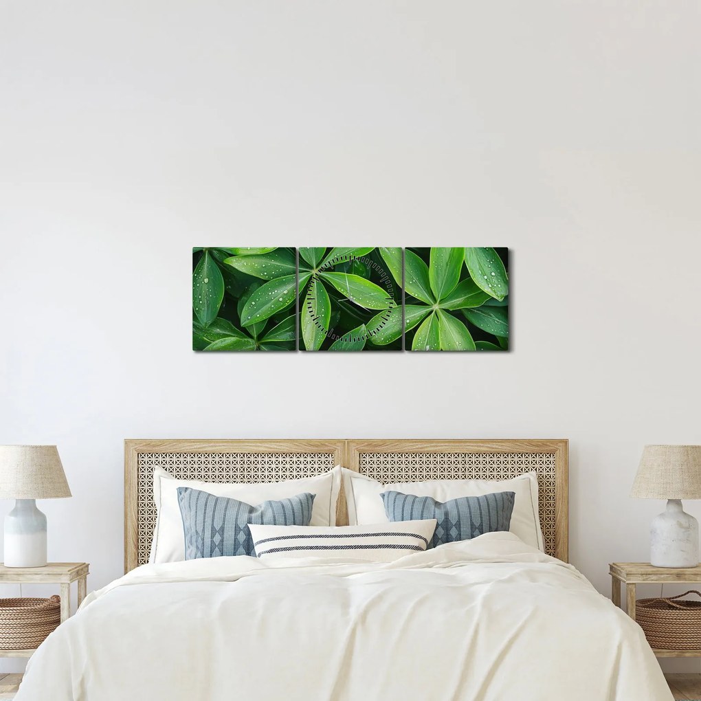 Tablou - Frunze cu picături de rouă (cu ceas) (90x30 cm)