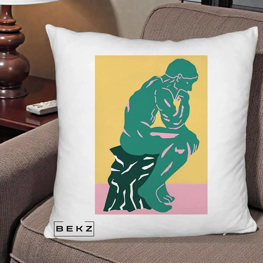 Perna Decorativa Ganditorul Sculptura Pop Art, 40x40 cm, Alb Pufos, Husa Detasabila, Perna Inclusa, BEKZ®