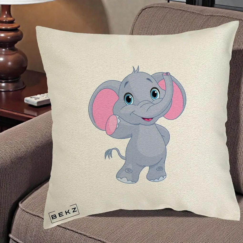 Perna Decorativa Pui de Elefant Kawaii, 40x40 cm, Ecru, Husa Detasabila, Perna Inclusa, BEKZ®