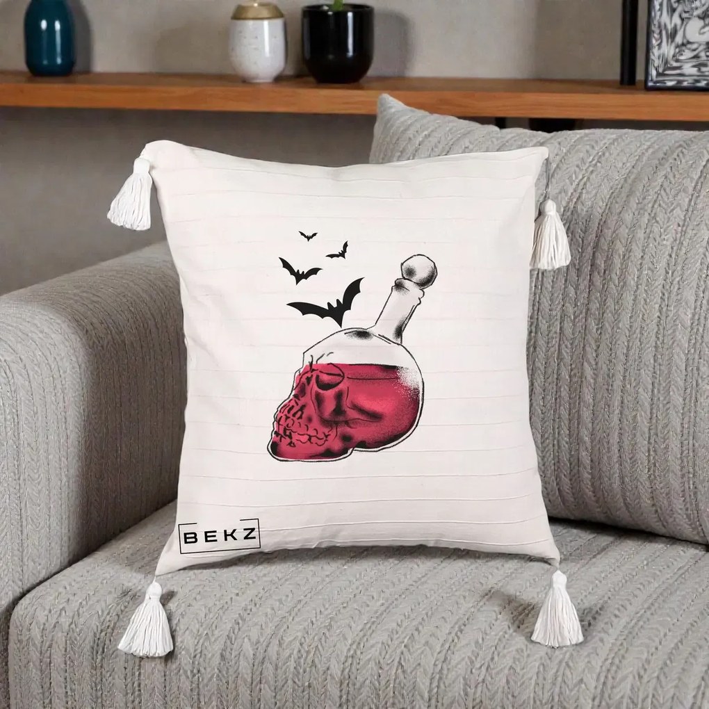 Perna Decorativa Halloween Craniu-Sticla cu Lilieci, 40x40 cm, Bej cu Franjuri, Husa Detasabila, Perna Inclusa, BEKZ®