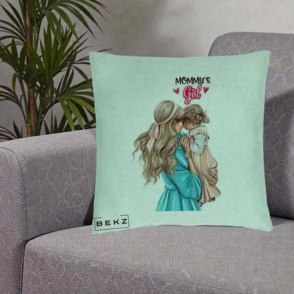 Cadou pentru Mama - Perna Personalizata Mommy's Girl Mama si Fetita, 40x40 cm, Verde Menta, Husa Detasabila, Perna Inclusa, BEKZ®