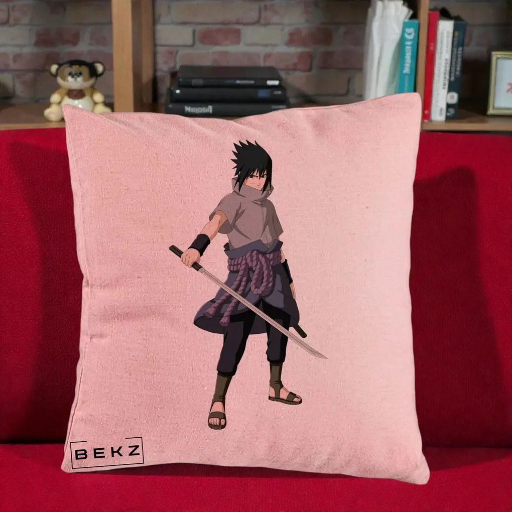 Perna Personalizata Naruto Sasuke Uchiha cu Sabia, 40x40 cm, Roz, Husa Detasabila, Perna Inclusa, BEKZ®