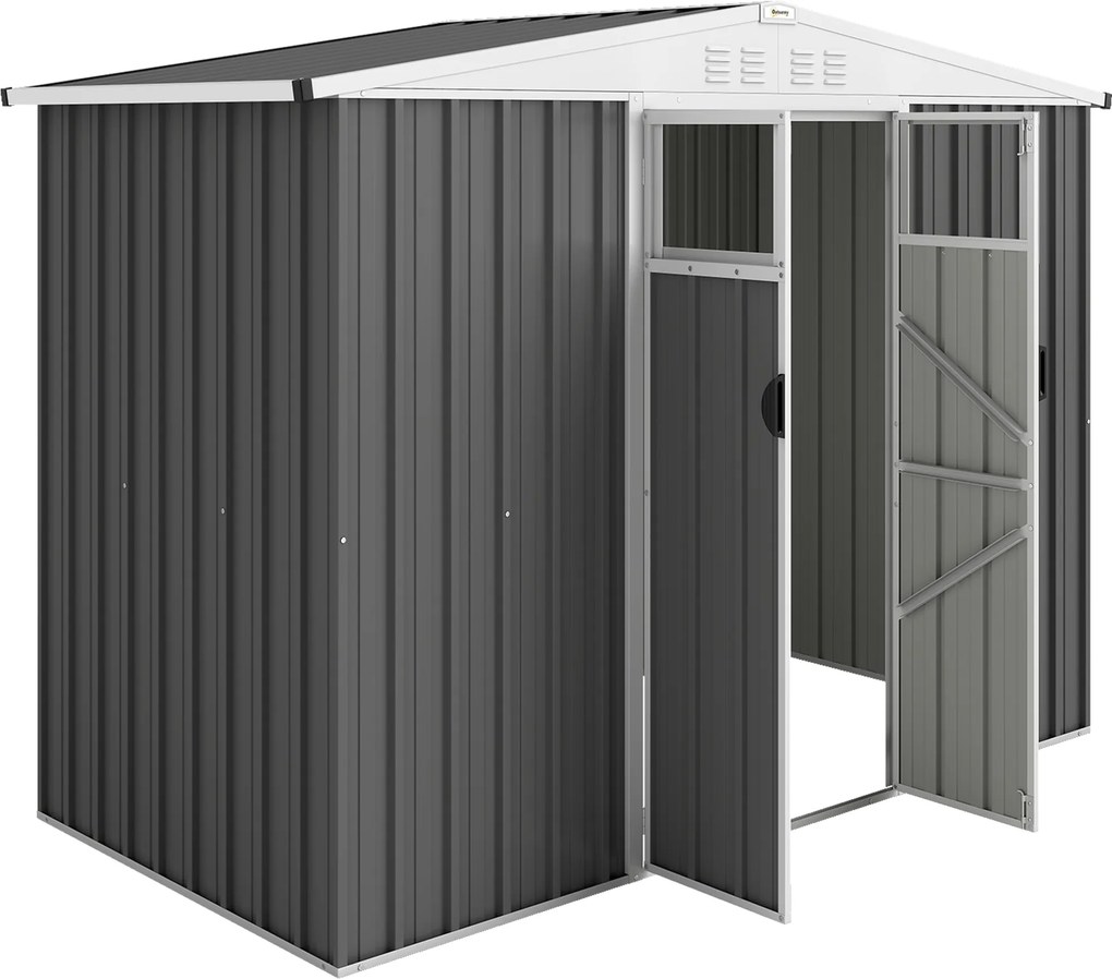 Outsunny Șopron de Grădină cu 4 Guri de Ventilație, 2 Ferestre și Acoperiș Înclinat, 246x117x161/180 cm, Gri Închis | Aosom Romania