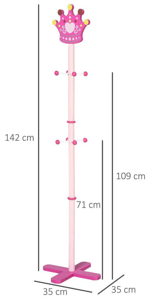 HOMCOM Cuier podea pentru copii cu deign coroana, baza in forma de X, 8 agatatori, din lemn, culoare roz, 35 x 35 x 142 cm