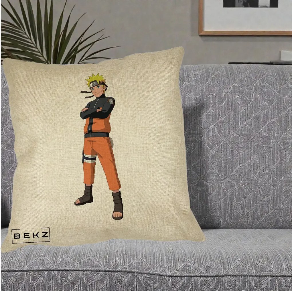 Perna Personalizata Naruto Uzumaki Portret Complet, 40x40 cm, Crem, Husa Detasabila, Perna Inclusa, BEKZ®
