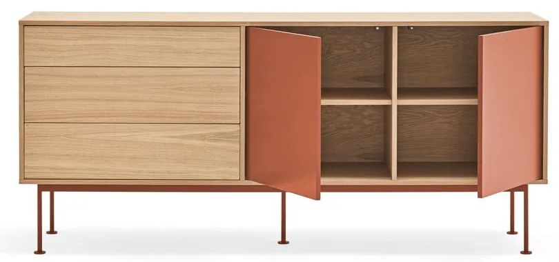 Comodă cu aspect de lemn de stejar Teulat Yoko, lățime 180 cm, roșu cărămiziu