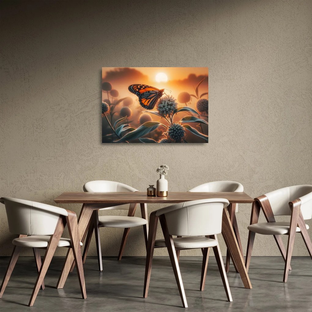 Tablou pe sticlă – Fluture în soare apunând (70x50 cm)