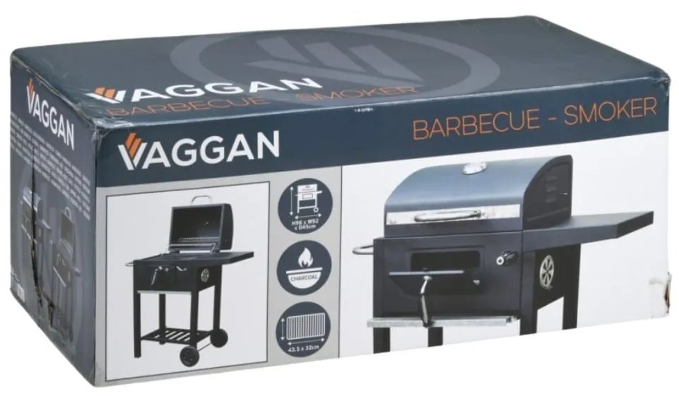Grătar și afumătoare pe cărbuni VAGGAN, cu capac, termometru și spațiu de depozitare, 92 x 46 x 96 cm, negru