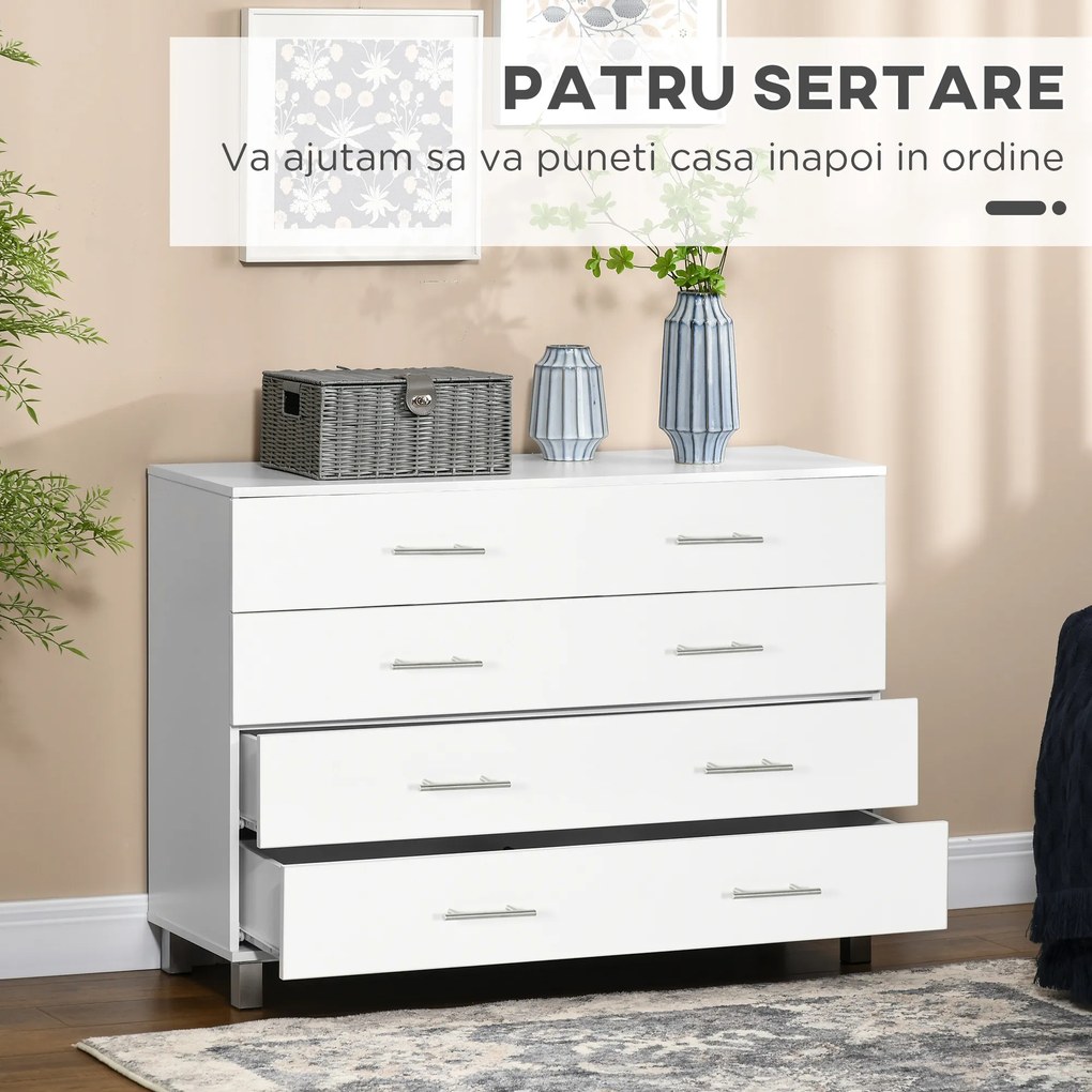 HOMCOM Comodă cu 4 Sertare, Picioare și Mânere din Aliaj, 112x38,2x81 cm, Alb | Aosom Romania