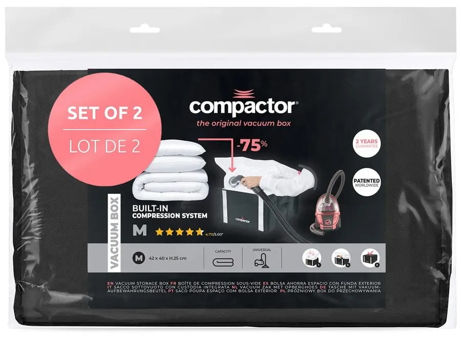 Cutii de depozitare pentru haine 2 buc. din material textil cu vacuum/cu pereți întăriți 42x25x25 cm Black Edition – Compactor
