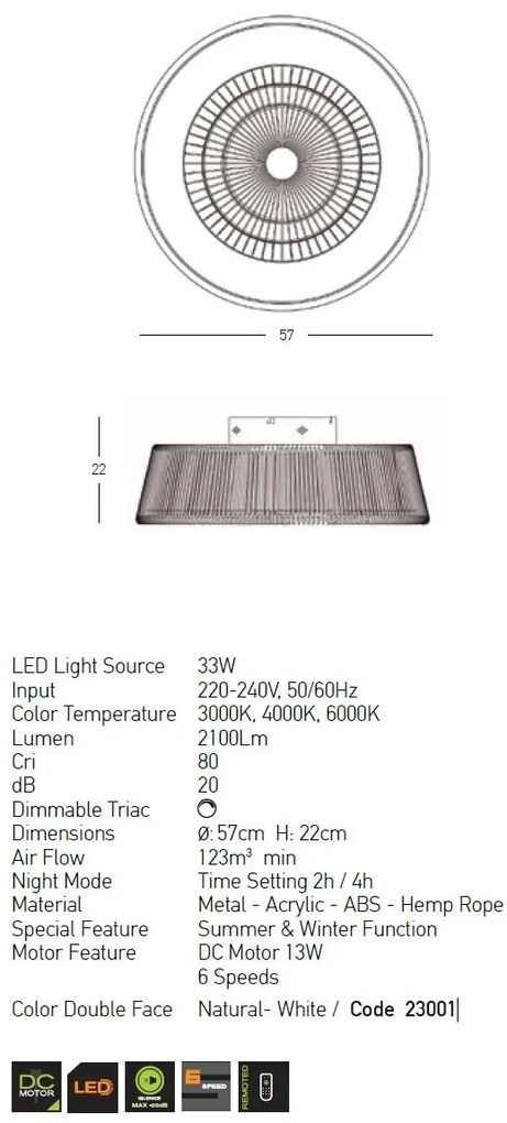 Lustra LED cu Ventilator si telecomanda Rustic alb/ natural