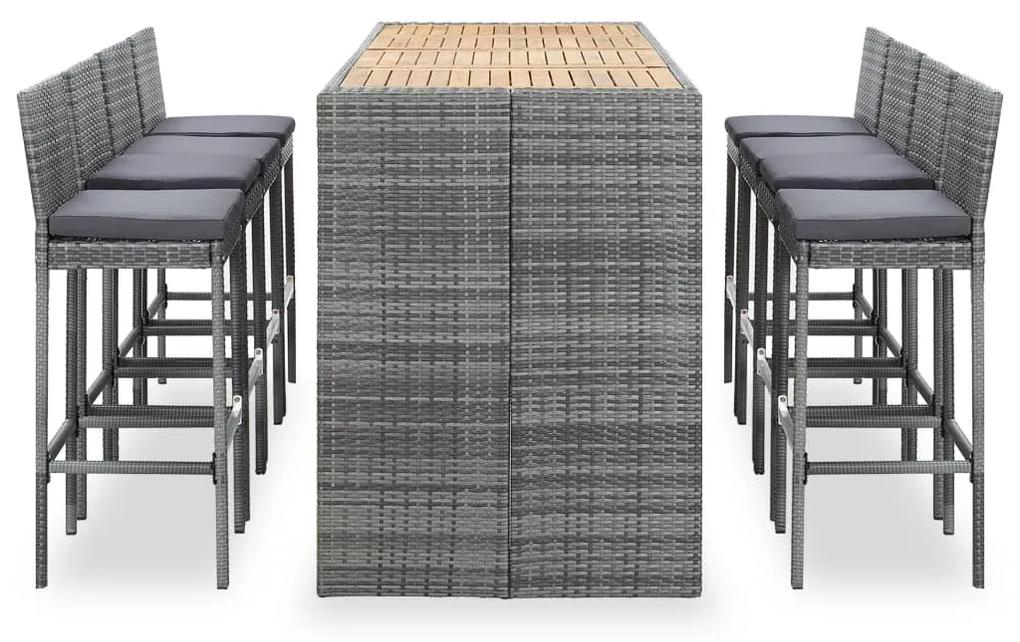 49567 vidaXL Set mobilier bar exterior 9 piese gri poliratan și lemn acacia