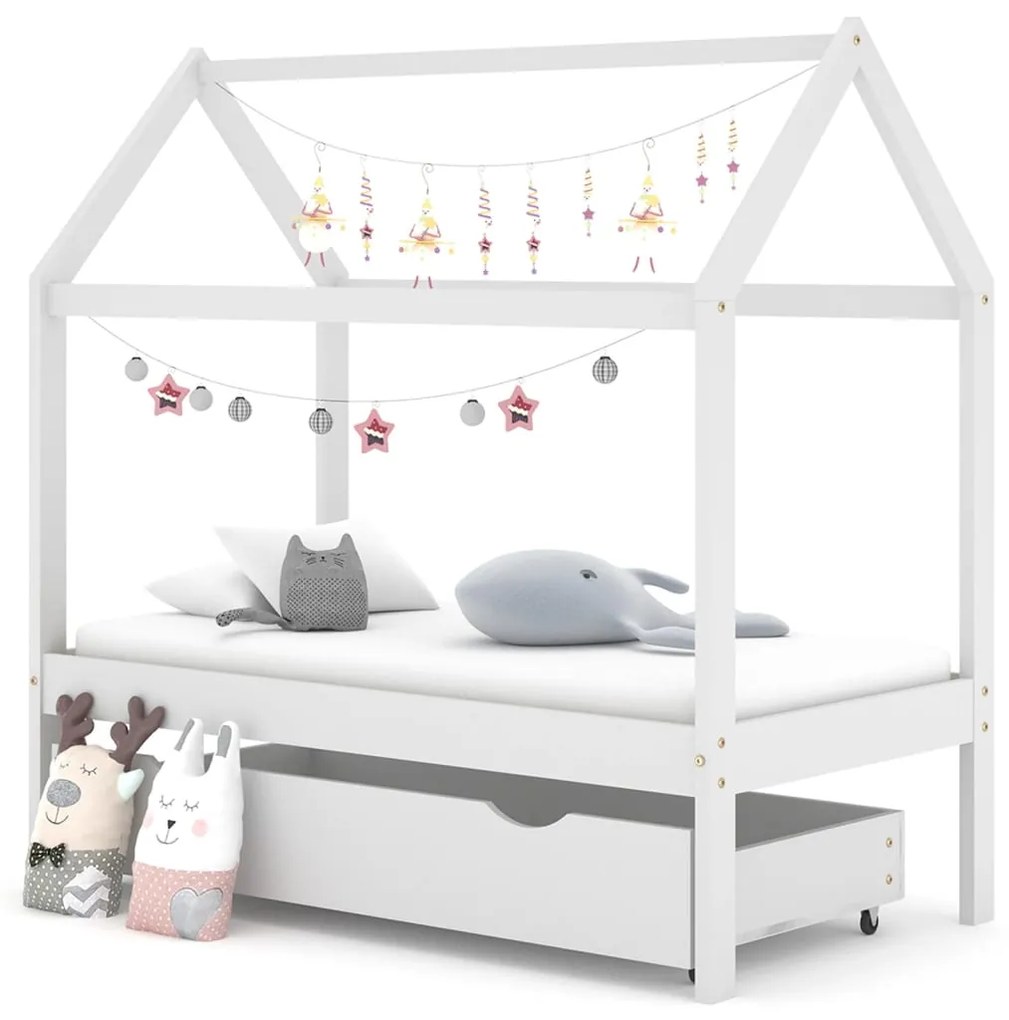 Cadru pat copii cu un sertar, alb, 70x140 cm, lemn masiv de pin