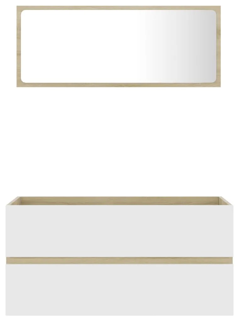 Set mobilier baie, 2 piese, alb si stejar Sonoma, PAL alb si stejar sonoma, Dulap pentru chiuveta + oglinda, 1