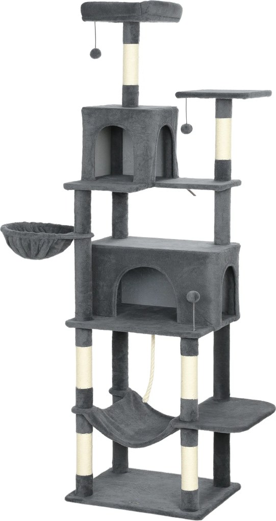 PawHut Arborele pentru Pisici mare, 202 cm, cu 6 Stâlpi de Zgâriat, 2 Hamace, 2 Stinghii, 2 Pompoane, Gri inchis | Aosom Romania
