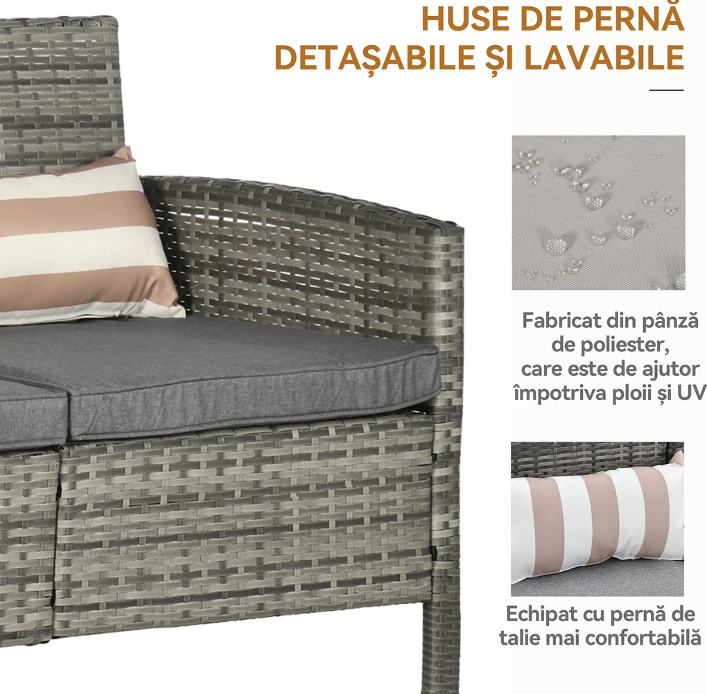 Outsunny Canapea pentru Exterior Gradina sau Terasa cu 3 locuri dim Ratan cu perne si dungi, Gri 173x68x78cm | Aosom Romania