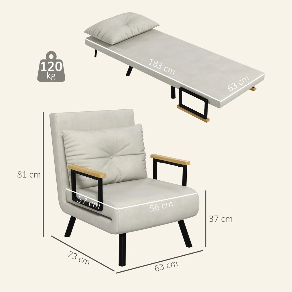 HOMCOM Canapele Extensibile Individuală Alb Crem 63x73x81 cm cu Pernă Extensibilă pe 5 Nivele | Aosom Romania