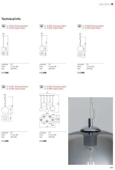 Lustră pe cablu Redo 01-2079 BOWL 5xE27/42W/230V fumuriu