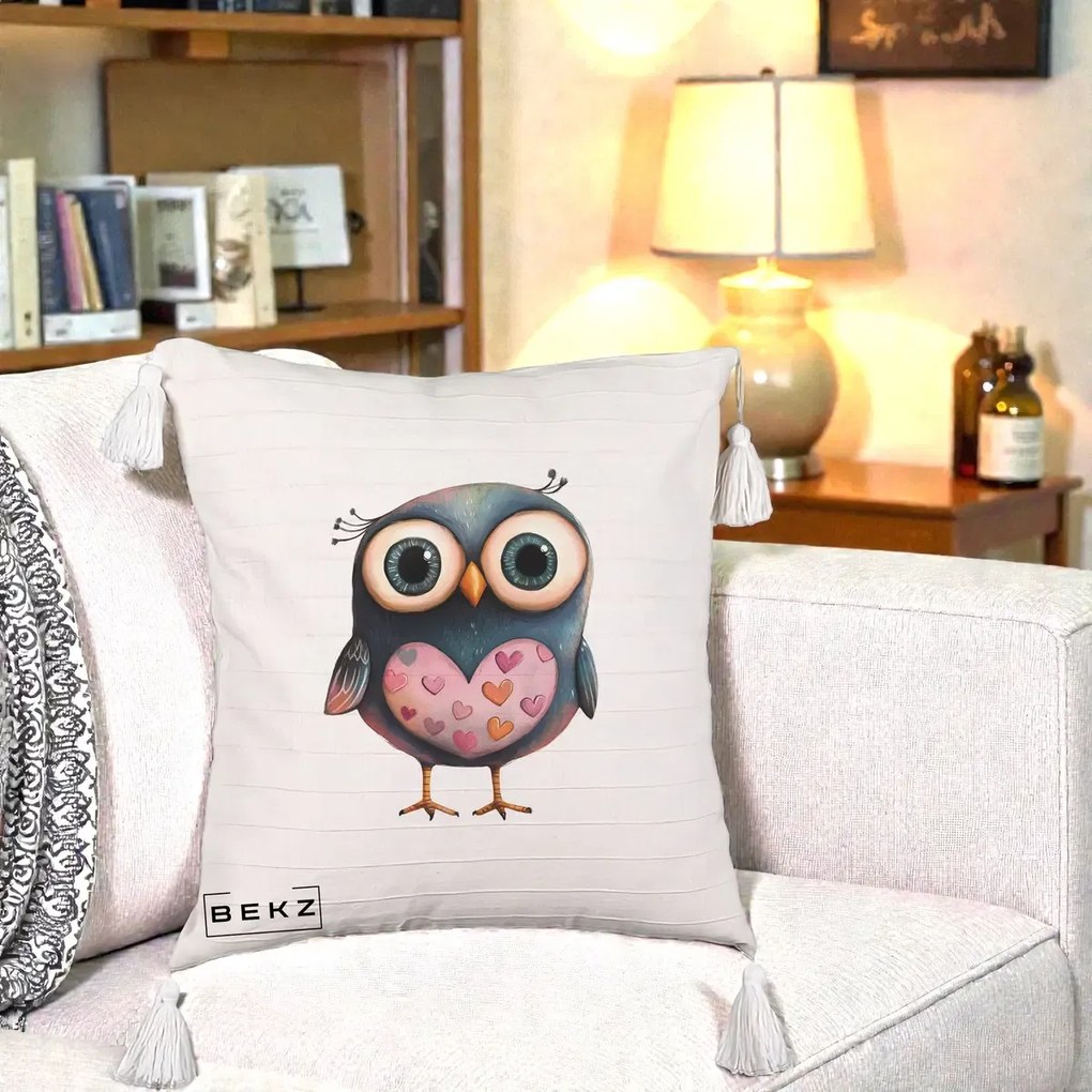 Perna Decorativa Bufnita cu Inimioare Roz, 40x40 cm, Bej cu Franjuri, Husa Detasabila, Perna Inclusa, BEKZ®