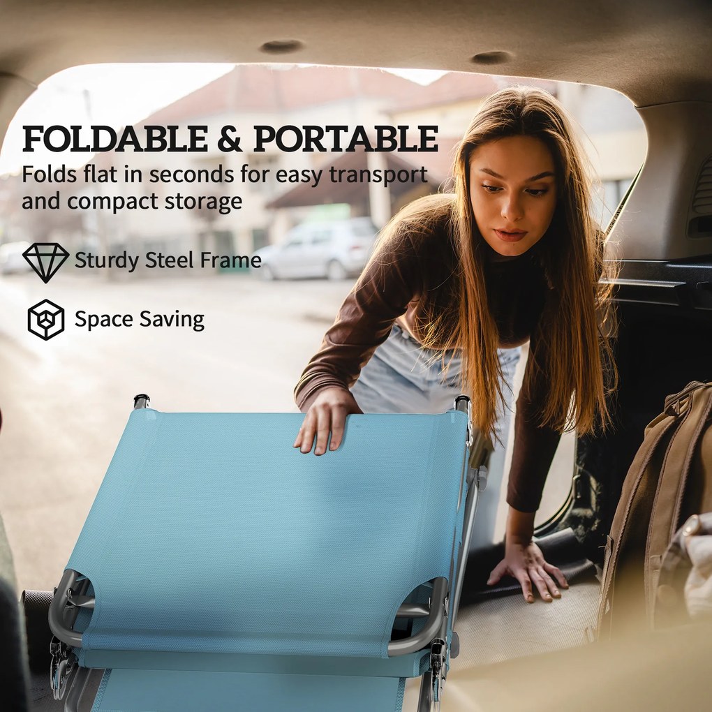 Outsunny Set de 2 Șezlonguri Pliabile Reclinabile cu Copertină 360°, Orificiu Facial, Buzunar Lateral și Textilene 550 g/m², Albastru | Aosom Romania