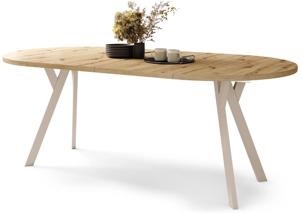 Mazzoni ALDO Stejar Artisan/picioare bej - MASĂ ROTUNDĂ STIL LOFT PENTRU SALON/SUFRAGERIE EXTENSIBILĂ CU PICIOARE ÎN FORMĂ DE "Y"