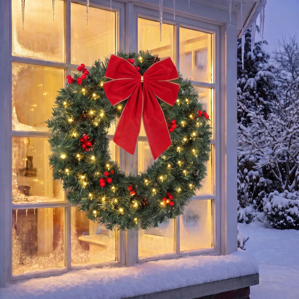 HOMCOM Coroniță de Crăciun de 60 cm cu Lumini LED, Conuri de Brad și Bobițe, Verde | Aosom Romania