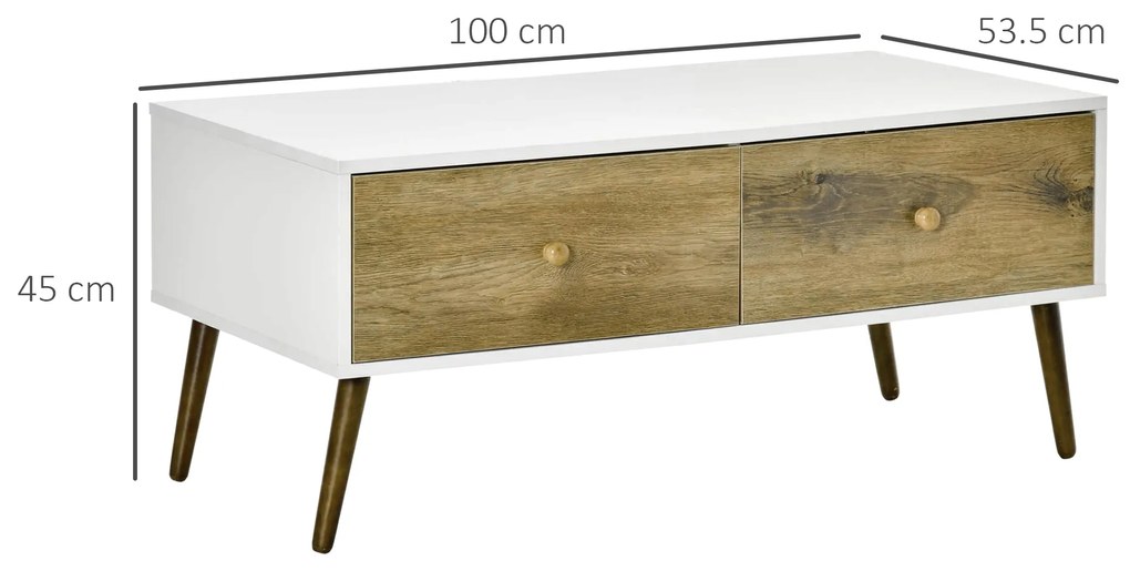 Masuta de Salon in Stil Nordic, Masuta Joasa din Lemn cu 4 Sertare, Dulapior pentru Sufragerie, Alb si Lemn 100x53,5x45cm HOMCOM | Aosom RO