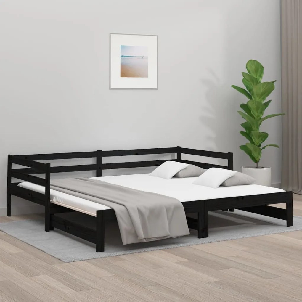 814658 vidaXL Pat de zi extensibil, negru, 2x(90x190) cm, lemn masiv de pin