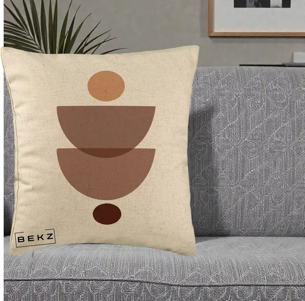 Perna Decorativa Geometric Boho Semicercuri Brun, 40x40 cm, Bej, Husa Detasabila, Perna Inclusa, BEKZ®