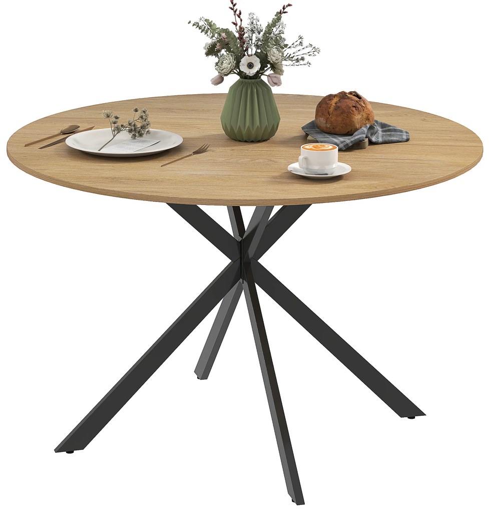 HOMCOM Masă de dining rotundă pentru 4 persoane 120 cm stil industrial cu plank aspect lemn, picioare incrucisate din oțel, stejar | Aosom Romania