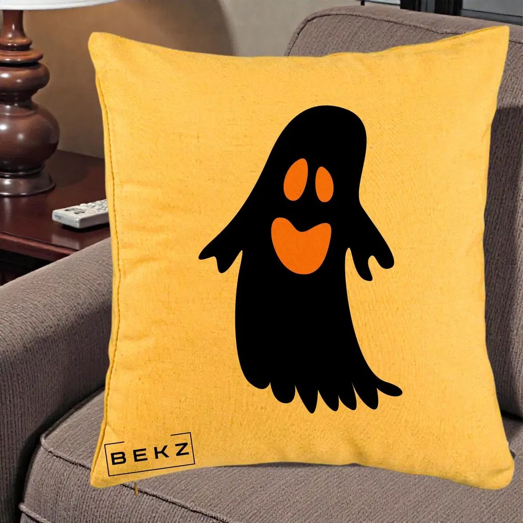 Perna Decorativa Halloween Fantoma Neagra cu Ochi Portocalii, 40x40 cm, Galben, Husa Detasabila, Perna Inclusa, BEKZ®