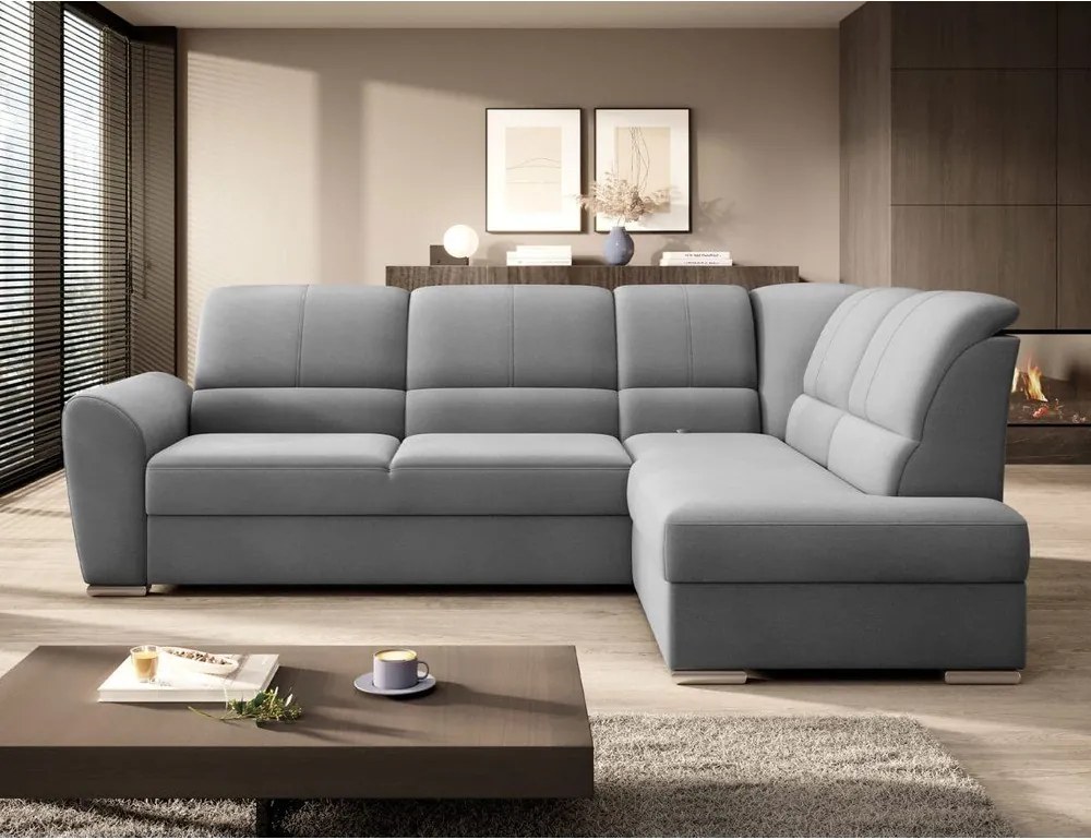 Colțar gri extensibil/cu spațiu de depozitare cu tapițerie din catifea (cu colț pe partea dreaptă/în formă de ”L”) Siber – ELTAP