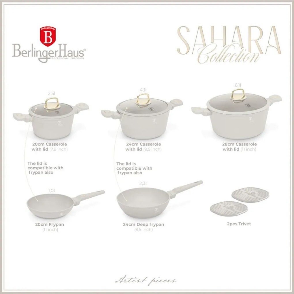 Set oale si tigai cu capace 10 piese Sahara Berlinger Haus BH 8080NN, potrivite si pentru inductie