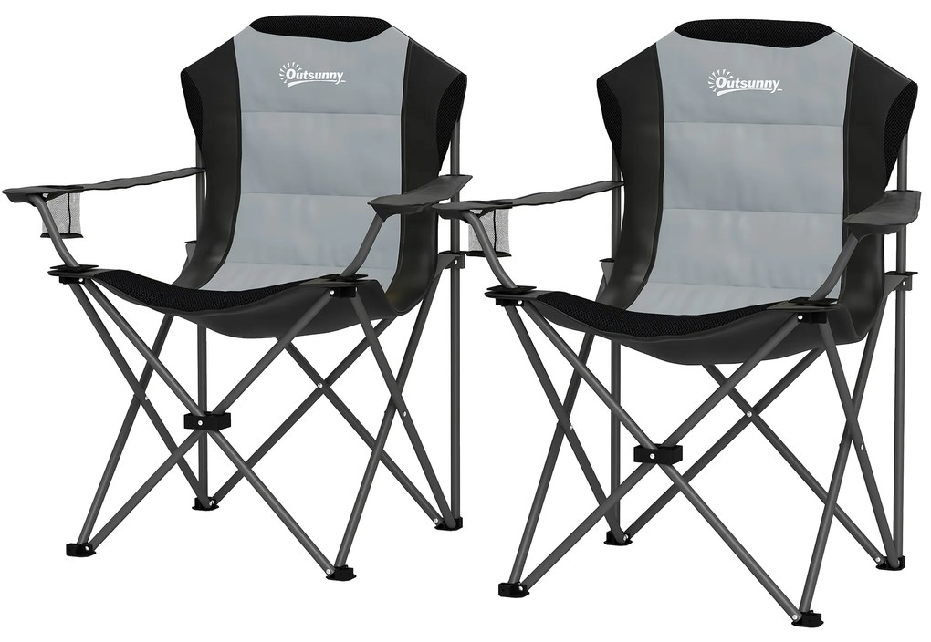 Outsunny Lot de 2 scaune pliante camping rembursate cu spătar înalt cu suport pentru pahar, greutate 120 kg, gri închis | Aosom Romania