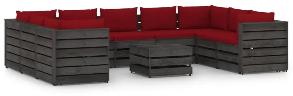 Set mobilier gradina cu perne, 10 piese, gri, lemn tratat wine red and grey, 9