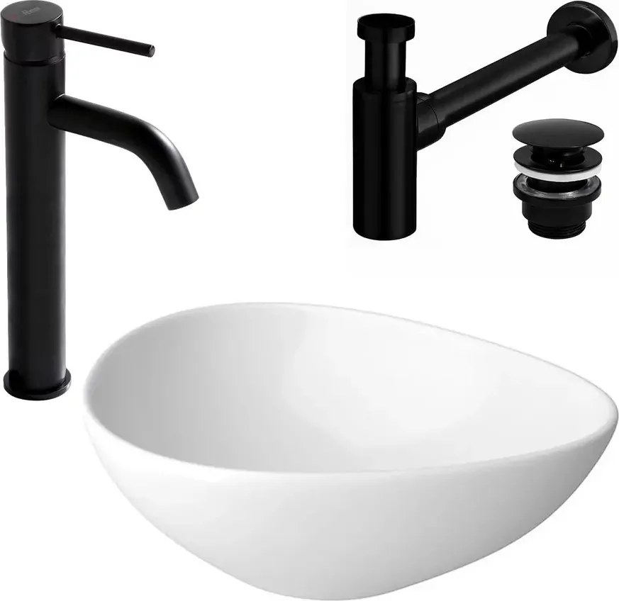 Pachet lavoar pe blat Cersanit Moduo alb 56.5 cm, baterie lavoar Rea Lungo negru si ventil lavoar Click-Clack negru