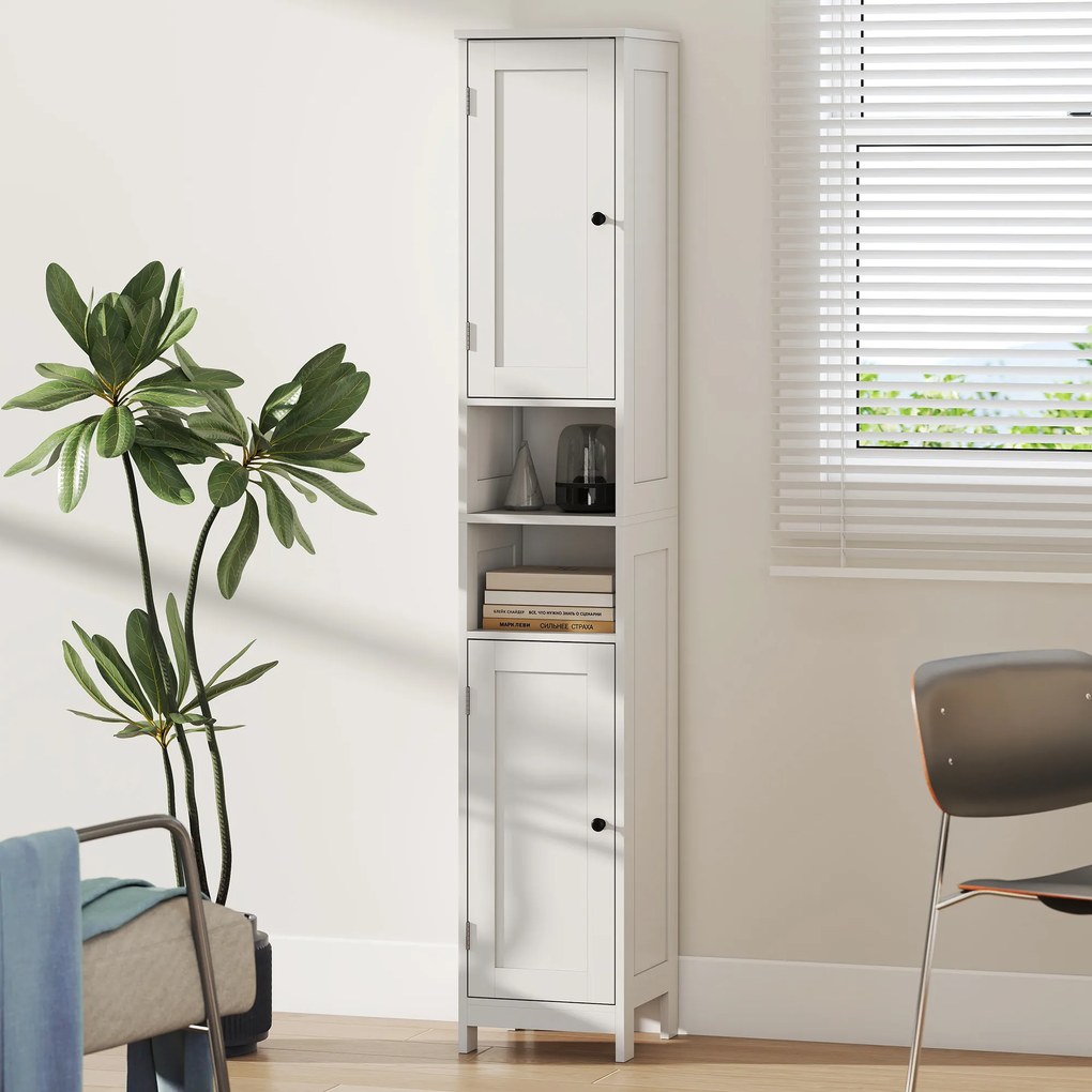 HOMCOM Dulap Înalt de Baie cu 2 Rafturi Deschise și 2 Dulapuri în Lemn Alb | Aosom Romania