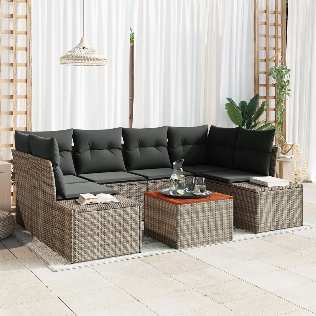 vidaXL Set de canapele de grădină 7 piese cu perne, gri din rattan sintetic, lemn de acacia