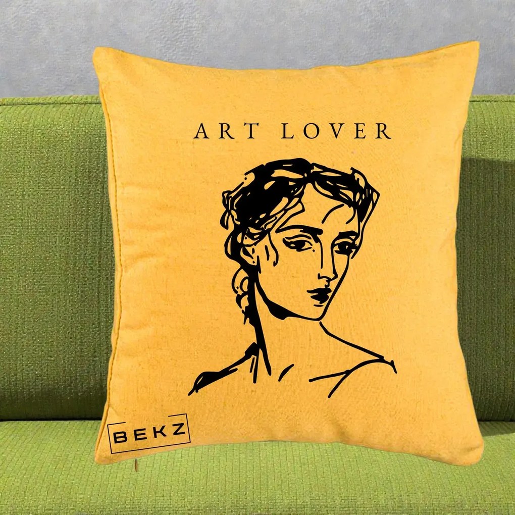 Perna Decorativa Art Lover Portret Grafic, 40x40 cm, Galben, Husa Detasabila, Perna Inclusa, BEKZ®