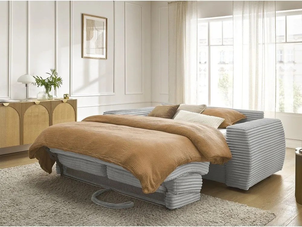 Canapea gri deschis pentru dormitul zilnic/extensibilă cu tapițerie din catifea reiată 240 cm Hugo – Bobochic Paris