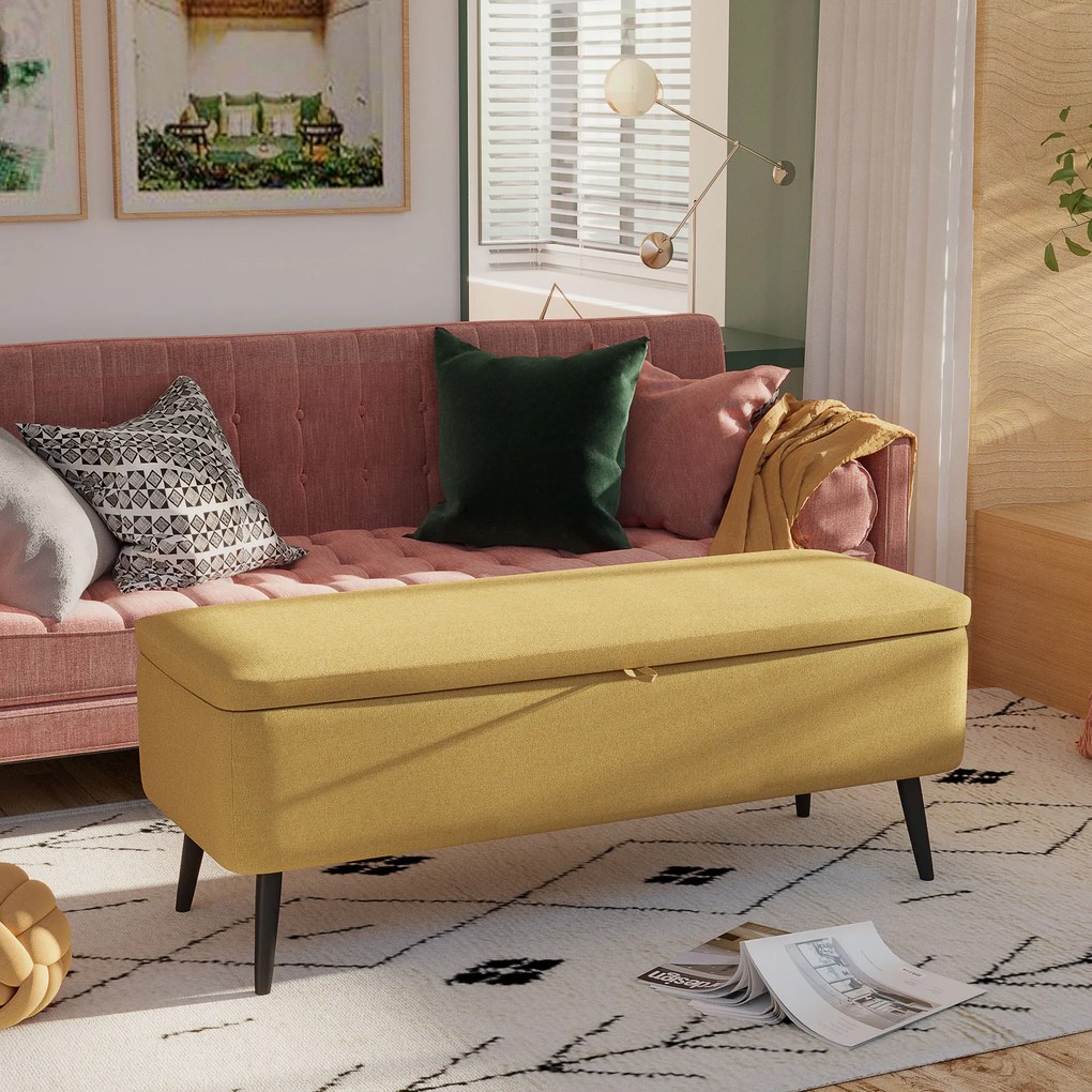 HOMCOM Bancă de la Capătul Patului cu Spațiu de Depozitare și Acoperire în Poliester Galben, 101x38.5x44.5 cm | Aosom Romania