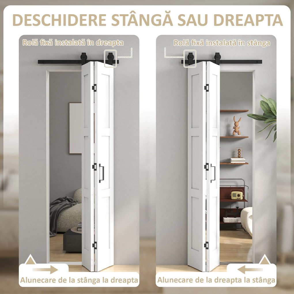 HOMCOM Ușă Culisantă Pliabilă pentru Interior 71.2x213.4cm, Șină Silențioasă din Oțel, Mâner, Ghidaj, Role, Ușă de Interior Rustică, din MDF și Lemn de Pin, Impermeabilă, pentru Bucătărie, Baie | Aosom Romania