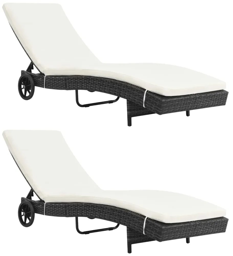 vidaXL Șezlonguri cu roți și perne, 2 buc., negru, poliratan