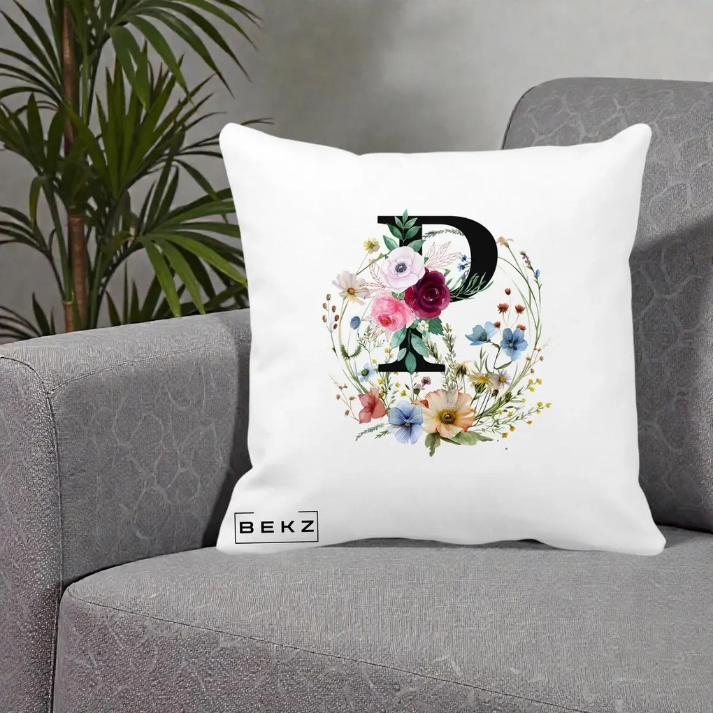 Cadou Personalizat - Perna Personalizata Monogram Litera P cu Flori Acuarela, 40x40 cm, Alba Mata, Husa Detasabila, Perna Inclusa, BEKZ®