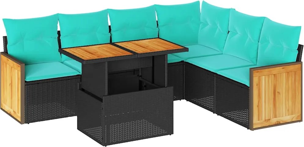 vidaXL Set canapele grădină perne 7 piese negru, poliratan/lemn acacia