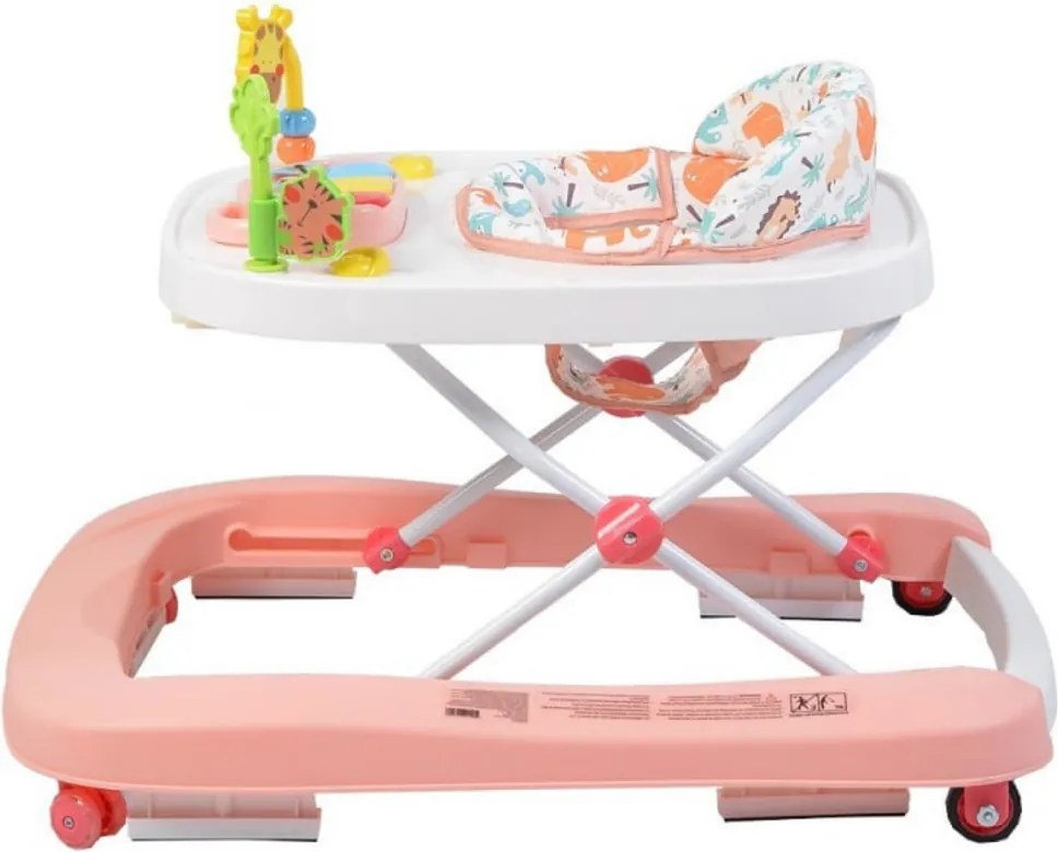 Premergator Premium reglabil in 3 trepte de inaltime NOVOKIDS™ ZooZoo Baby ,Roti silentioase din silicon, Cu melodii, Animalute, Pliabil, Roz