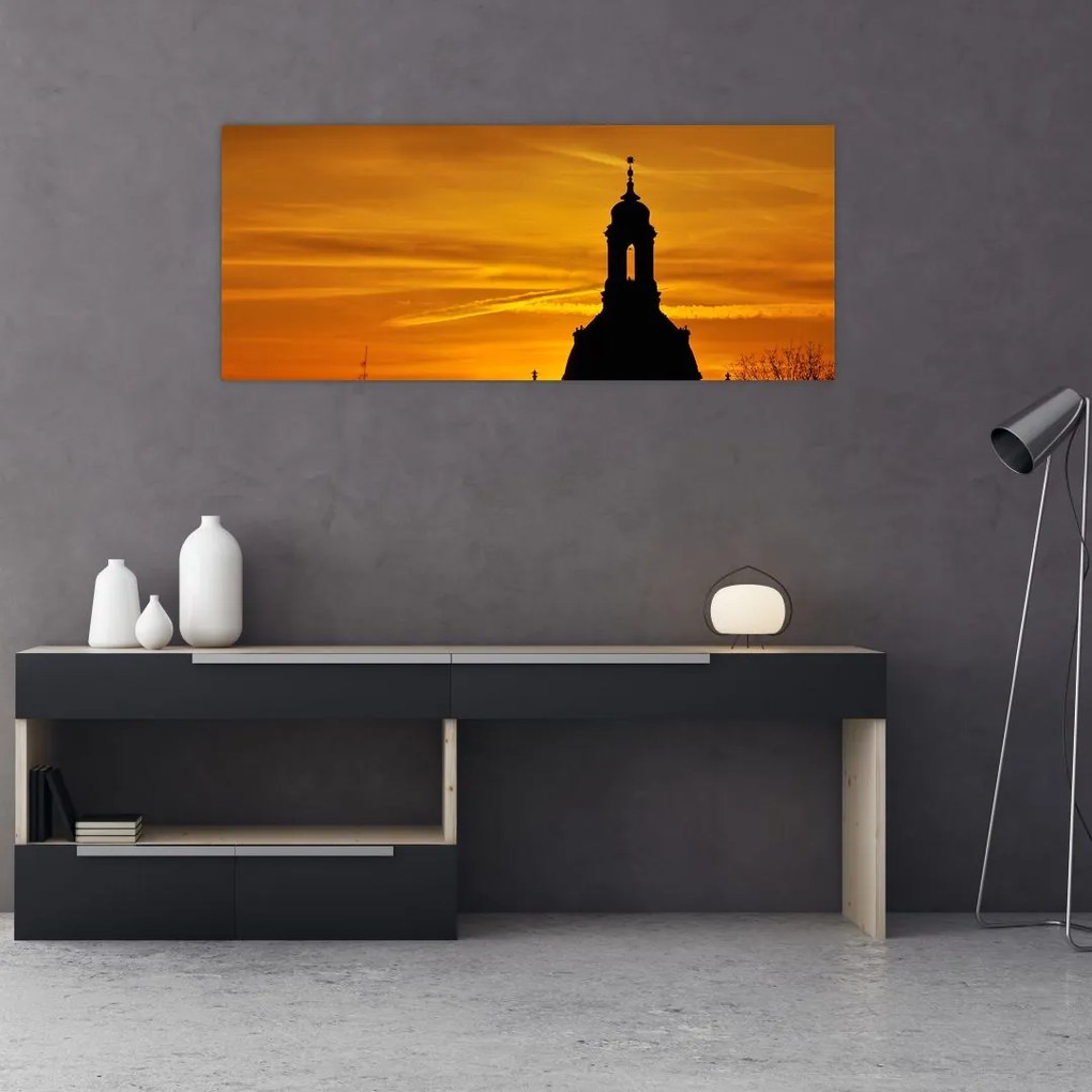 Tablou cu biserică în apus de soare (120x50 cm)